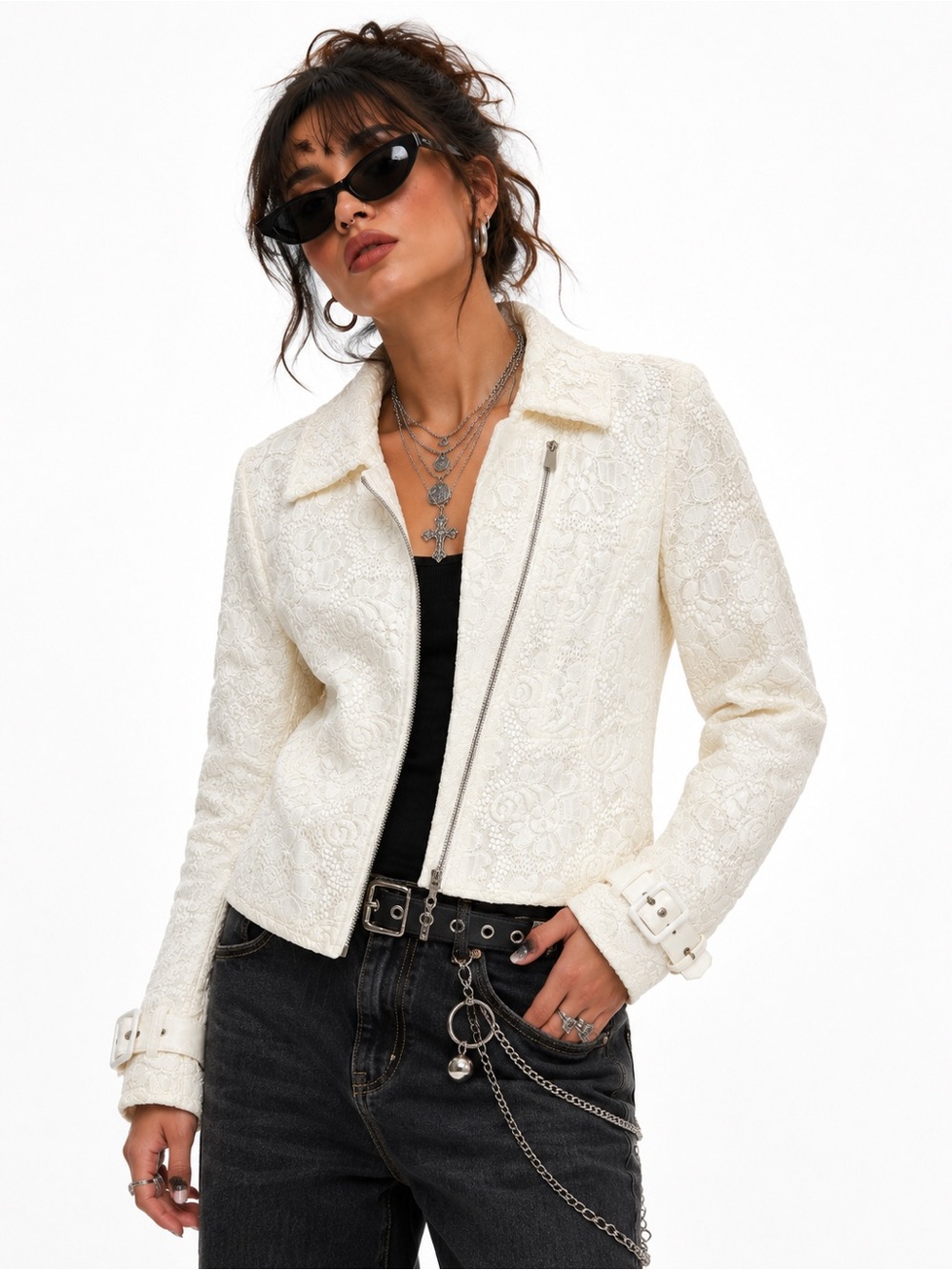 New York & Company Cream Lace Moto Jacket